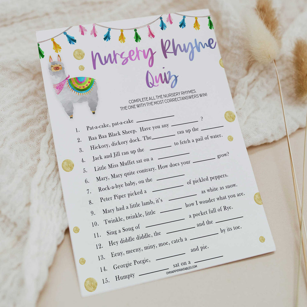 nursery rhyme quiz game, Printable baby shower games, llama fiesta fun baby games, baby shower games, fun baby shower ideas, top baby shower ideas, Llama fiesta shower baby shower, fiesta baby shower ideas