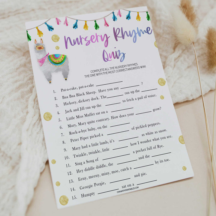 nursery rhyme quiz game, Printable baby shower games, llama fiesta fun baby games, baby shower games, fun baby shower ideas, top baby shower ideas, Llama fiesta shower baby shower, fiesta baby shower ideas