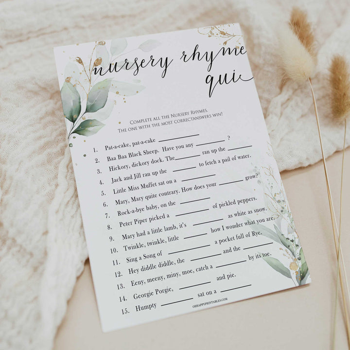 Gold green leaf baby games, nursery rhyme quiz, printable baby games, fun baby games, top baby games to play, gold leaf baby shower, greenery baby shower ideas