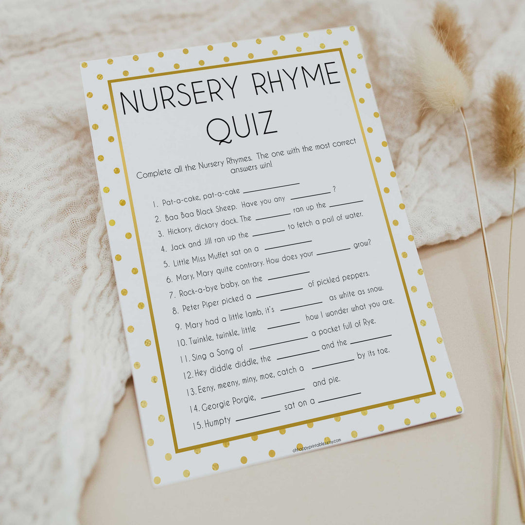 nursery rhyme quiz game, Printable baby shower games, baby gold dots fun baby games, baby shower games, fun baby shower ideas, top baby shower ideas, gold glitter shower baby shower, friends baby shower ideas