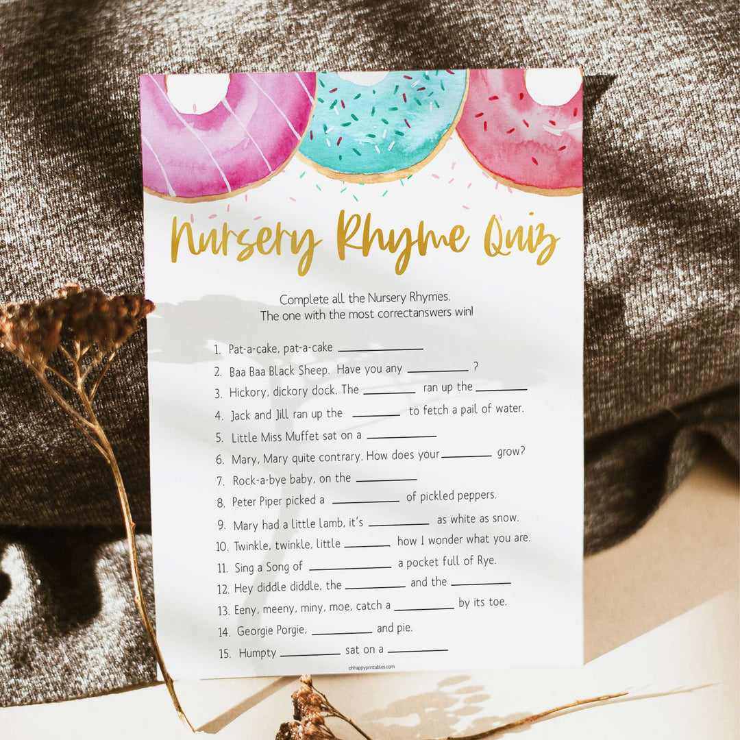 nursery rhyme quiz game, Printable baby shower games, donut baby games, baby shower games, fun baby shower ideas, top baby shower ideas, donut sprinkles baby shower, baby shower games, fun donut baby shower ideas