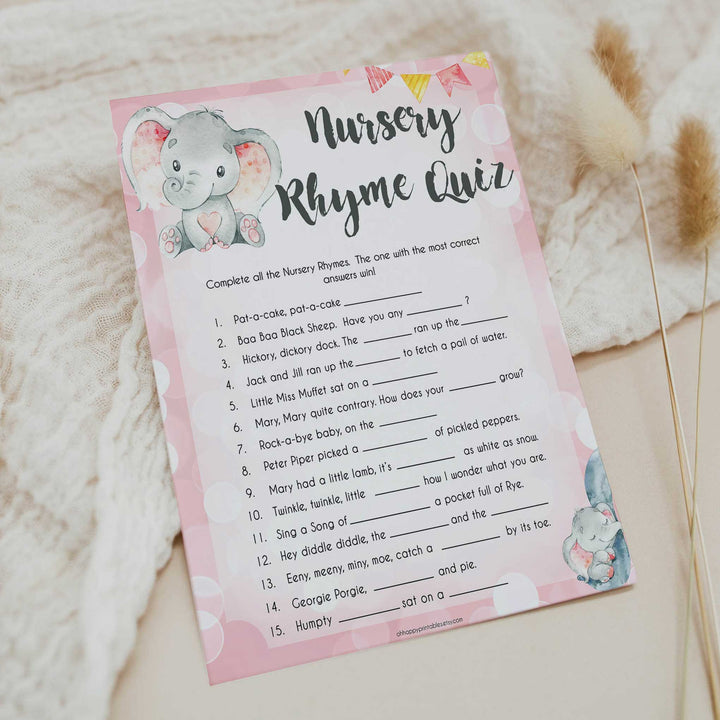 pink elephant baby games, nursery rhyme quiz baby shower games, printable baby shower games, baby shower games, fun baby games, popular baby games, pink baby games