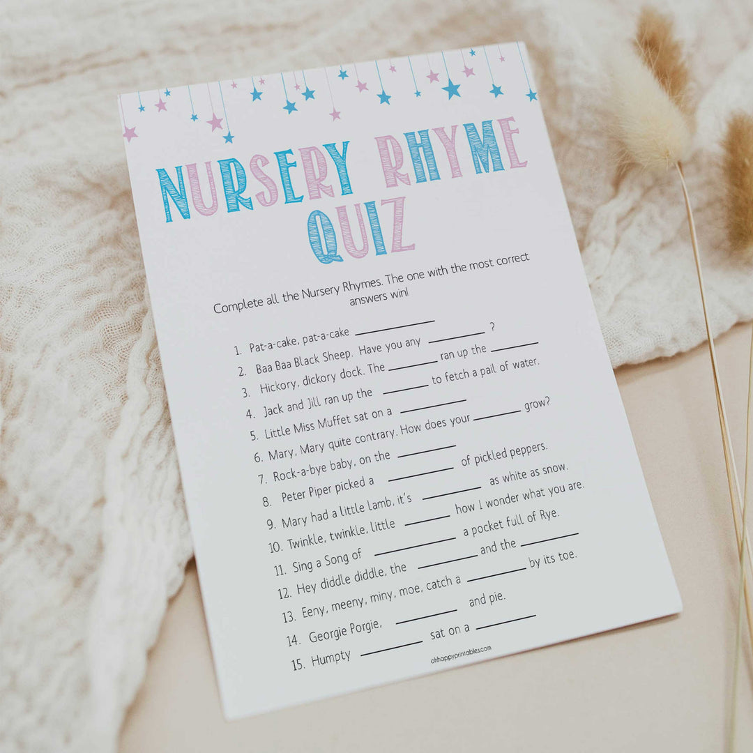 Gender reveal baby games, nursery rhyme quiz baby game, gender reveal shower, fun baby games, gender reveal ideas, popular baby games, best baby games, printable baby games, gender reveal baby games