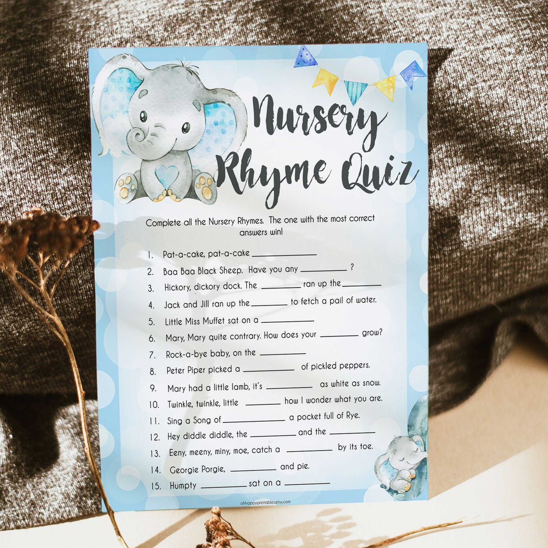 Blue elephant baby games, nursery rhyme quiz, elephant baby games, printable baby games, top baby games, best baby shower games, baby shower ideas, fun baby games, elephant baby shower