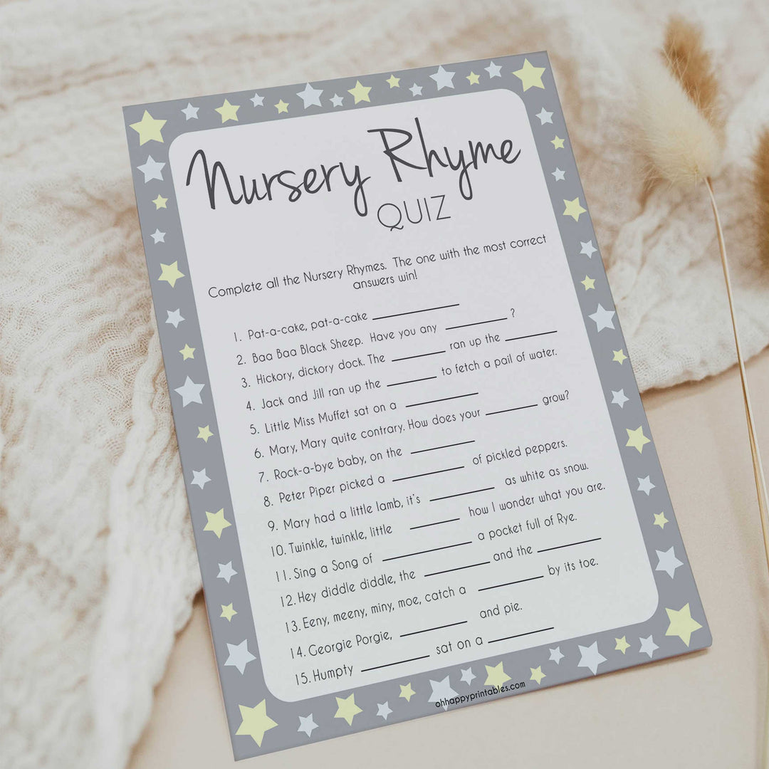 Grey Yellow Stars Nursery Rhyme Quiz, Baby Shower Games, Guess Nursery Rhyme, Stars Printable Baby Shower Games, Name that Nursery Rhyme, fun baby shower games, popular baby shower games