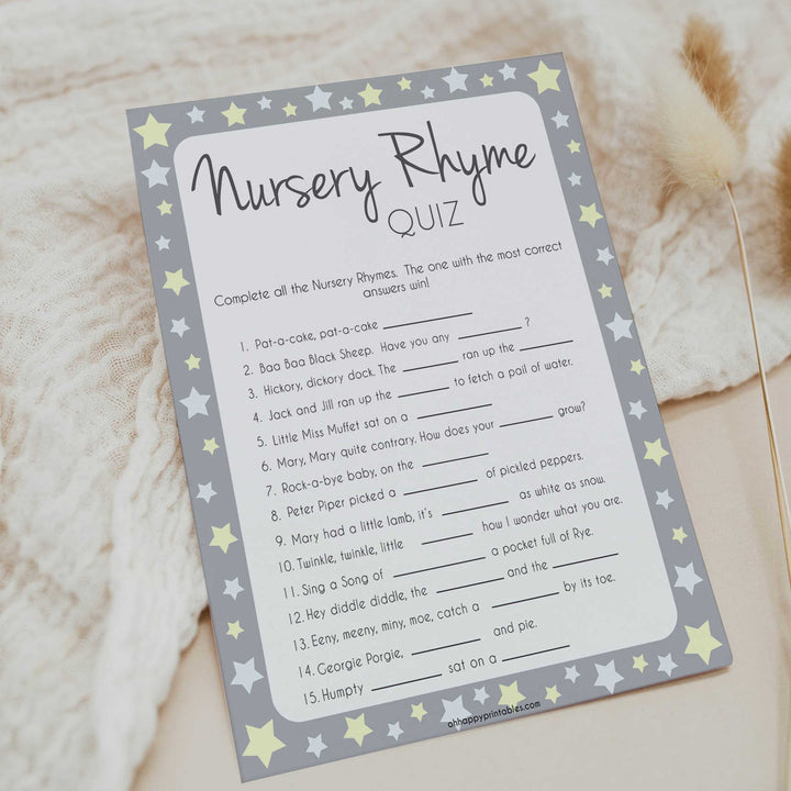 Grey Yellow Stars Nursery Rhyme Quiz, Baby Shower Games, Guess Nursery Rhyme, Stars Printable Baby Shower Games, Name that Nursery Rhyme, fun baby shower games, popular baby shower games