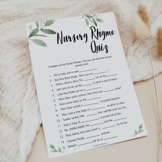 botanical nursery rhyme quiz, printable baby shower games, baby games, fun baby games, popular baby games