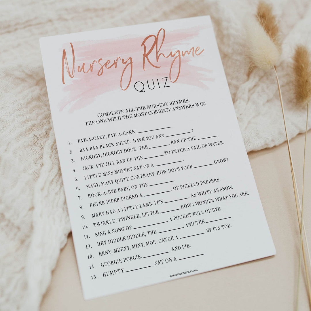 Pink Swash Nursery Rhyme Quiz, Baby Shower Games, Guess Nursery Rhyme, Printable Baby Shower Games, Baby Shower Games, Nursery Rhyme, fun baby shower games, printable baby shower games, popular baby shower games