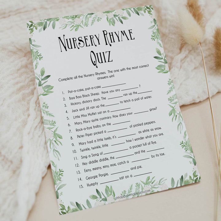 Nursery Rhyme Quiz, Baby Shower Games, Guess Nursery Rhyme Game, Greenery Baby Shower, Fun Baby Shower Games, Name that Nursery Rhyme, printable baby games, fun baby games, popular baby games