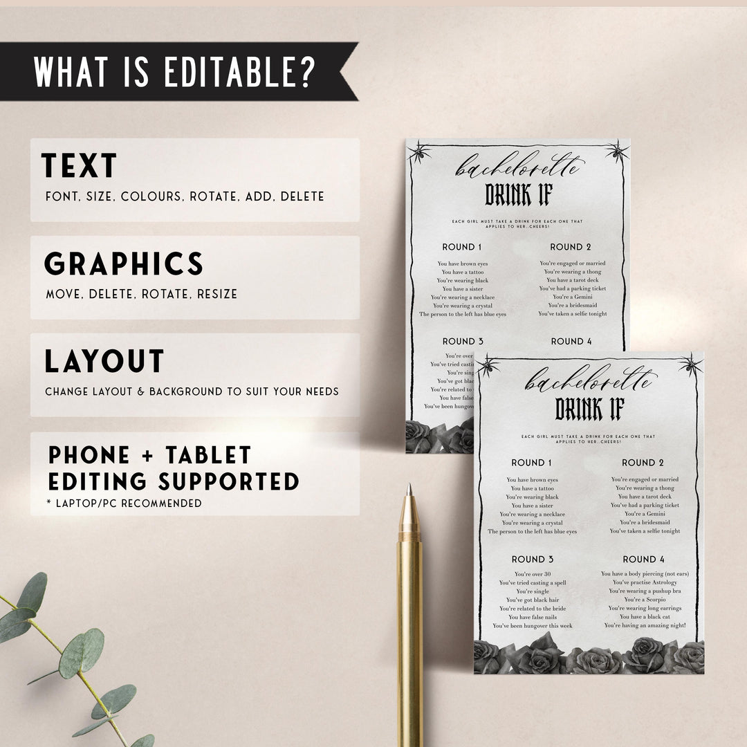 Fully editable and printable bridal shower bachelorette Drink If game with a gothic design. Perfect for a Bride or Die or Death Us To Party bridal shower themed party