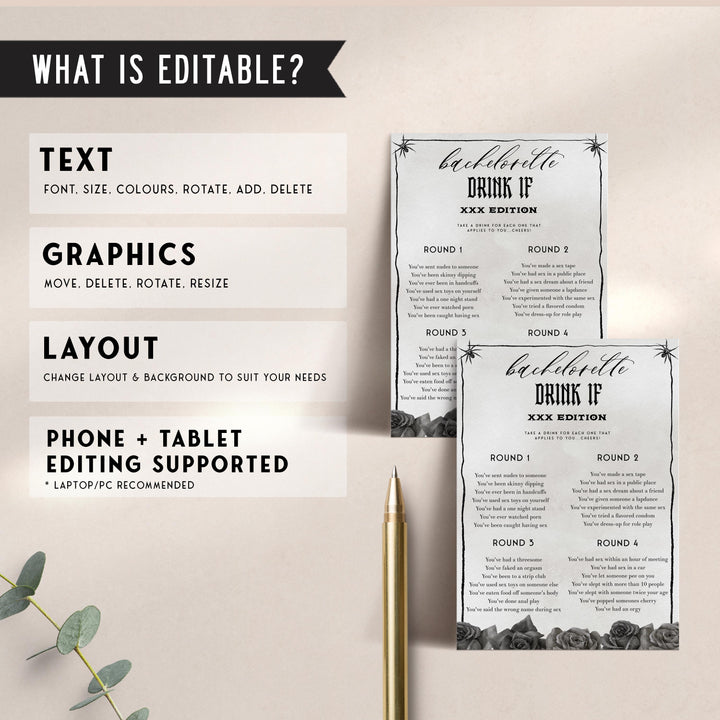 Fully editable and printable bridal shower bachelorette drink if adult game with a gothic design. Perfect for a Bride or Die or Death Us To Party bridal shower themed party