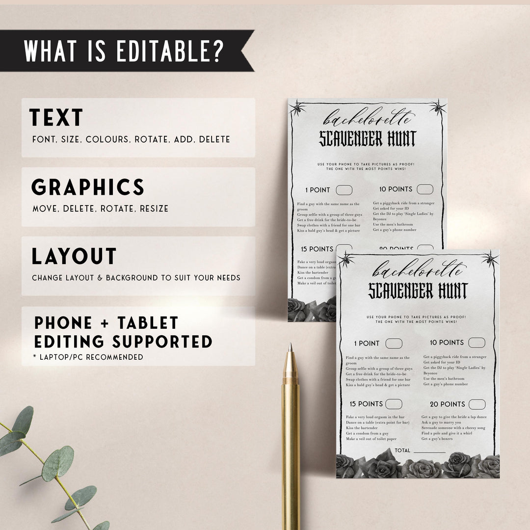 Fully editable and printable bridal shower bachelorette scavenger hunt game with a gothic design. Perfect for a Bride or Die or Death Us To Party bridal shower themed party