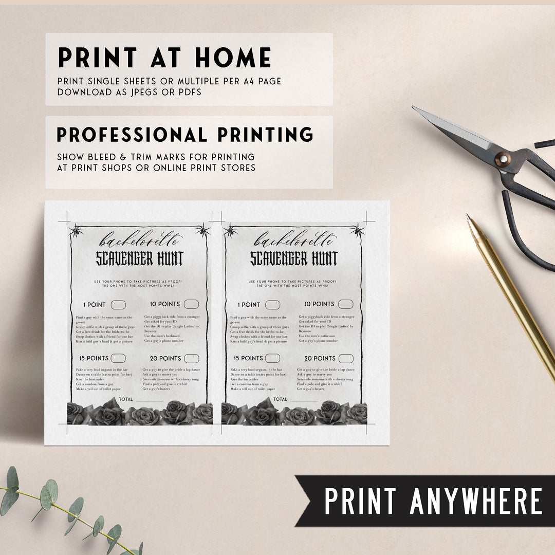 Fully editable and printable bridal shower bachelorette scavenger hunt game with a gothic design. Perfect for a Bride or Die or Death Us To Party bridal shower themed party