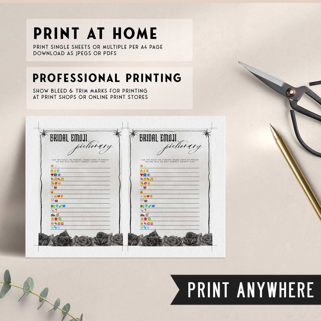 Fully editable and printable bridal emoji pictionary game with a gothic design. Perfect for a Bride or Die or Death Us To Party bridal shower themed party