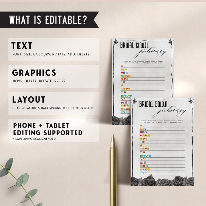 Fully editable and printable bridal emoji pictionary game with a gothic design. Perfect for a Bride or Die or Death Us To Party bridal shower themed party