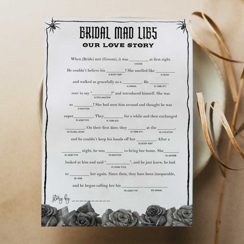 Fully editable and printable bridal shower bridal mad libs love story game with a gothic design. Perfect for a Bride or Die or Death Us To Party bridal shower themed party