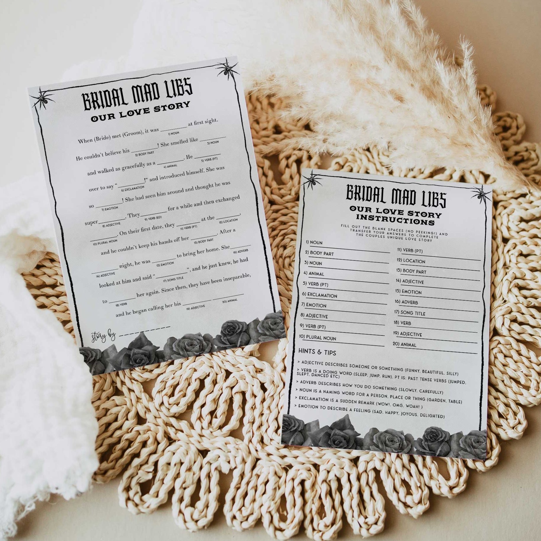 Fully editable and printable bridal shower bridal mad libs love story game with a gothic design. Perfect for a Bride or Die or Death Us To Party bridal shower themed party