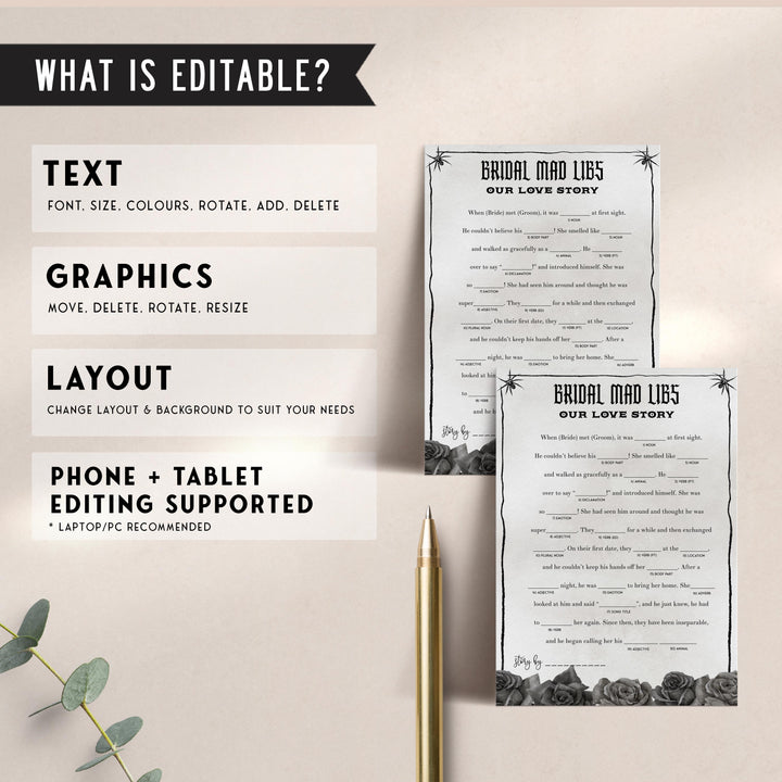 Fully editable and printable bridal shower bridal mad libs love story game with a gothic design. Perfect for a Bride or Die or Death Us To Party bridal shower themed party
