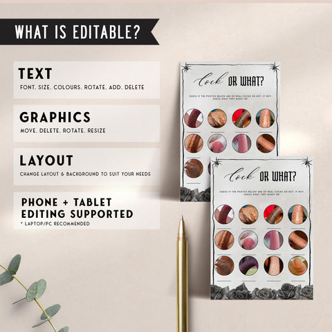 Fully editable and printable bridal shower cock or what game with a gothic design. Perfect for a Bride or Die or Death Us To Party bridal shower themed party