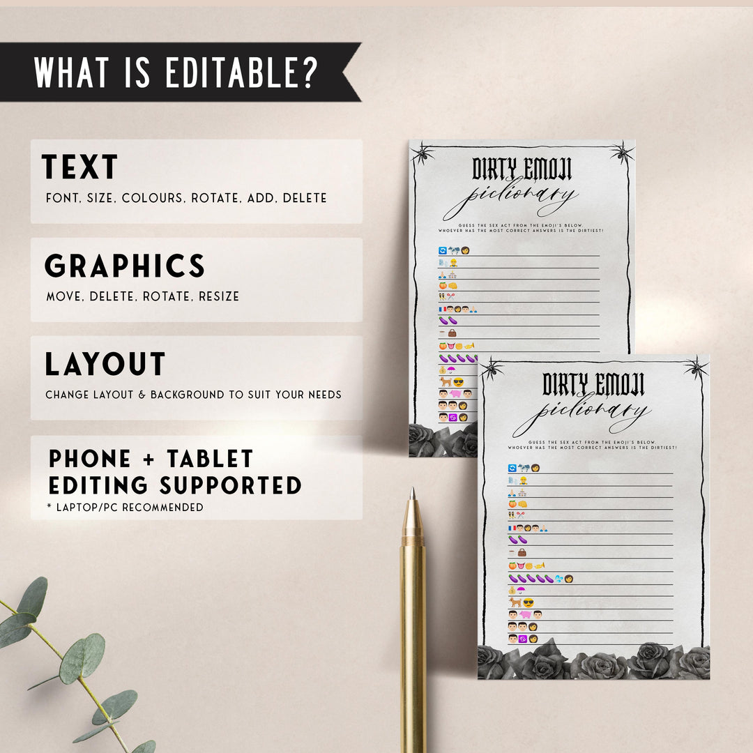 Fully editable and printable bridal shower dirty emoji pictionary game with a gothic design. Perfect for a Bride or Die or Death Us To Party bridal shower themed party