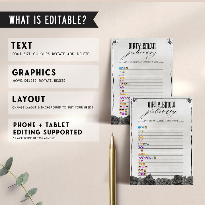 Fully editable and printable bridal shower dirty emoji pictionary game with a gothic design. Perfect for a Bride or Die or Death Us To Party bridal shower themed party