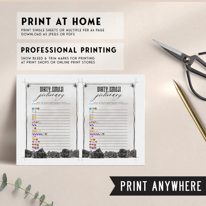 Fully editable and printable bridal shower dirty emoji pictionary game with a gothic design. Perfect for a Bride or Die or Death Us To Party bridal shower themed party