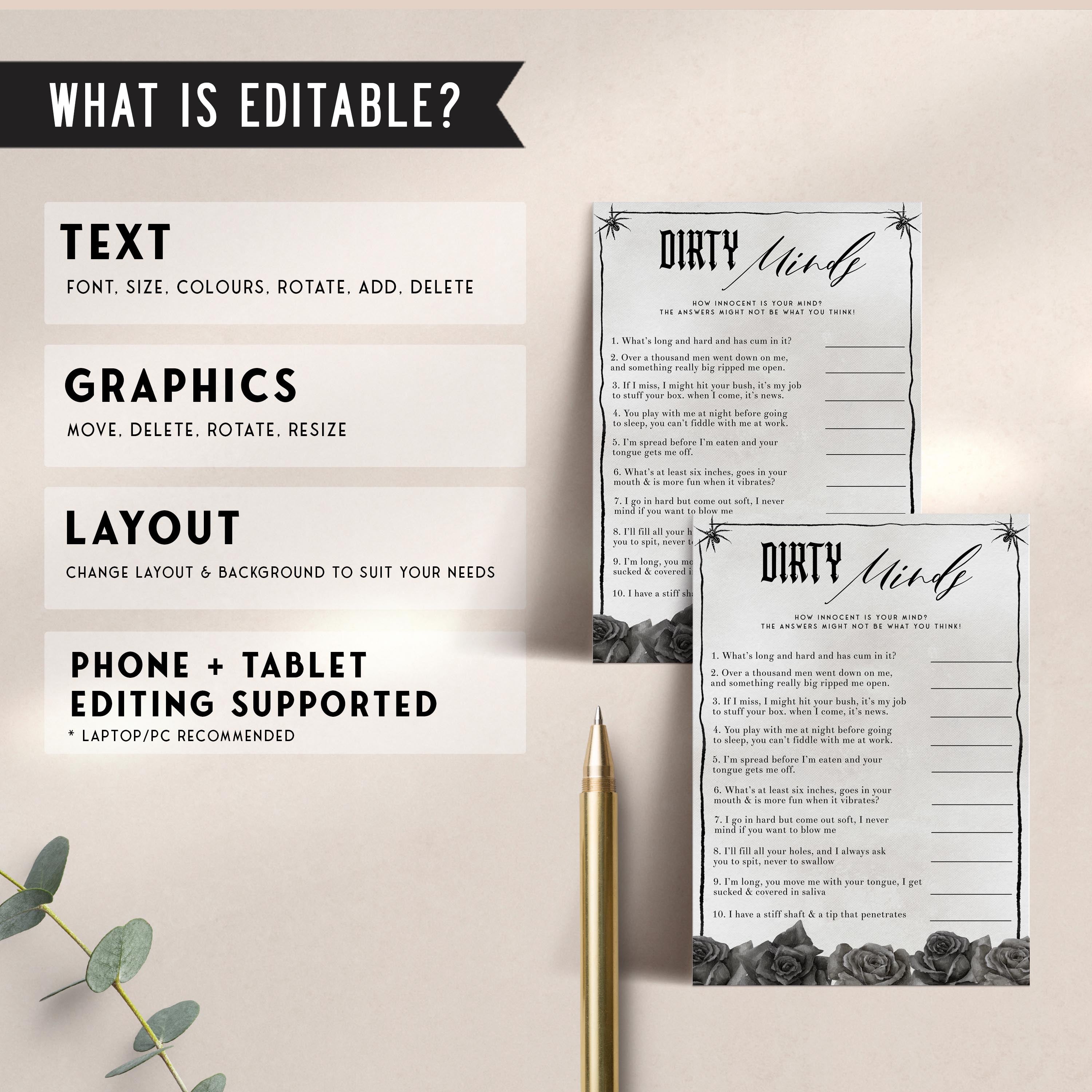 Fully editable and printable bridal shower dirty minds game with a gothic design. Perfect for a Bride or Die or Death Us To Party bridal shower themed party