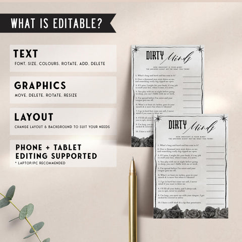 Fully editable and printable bridal shower dirty minds game with a gothic design. Perfect for a Bride or Die or Death Us To Party bridal shower themed party