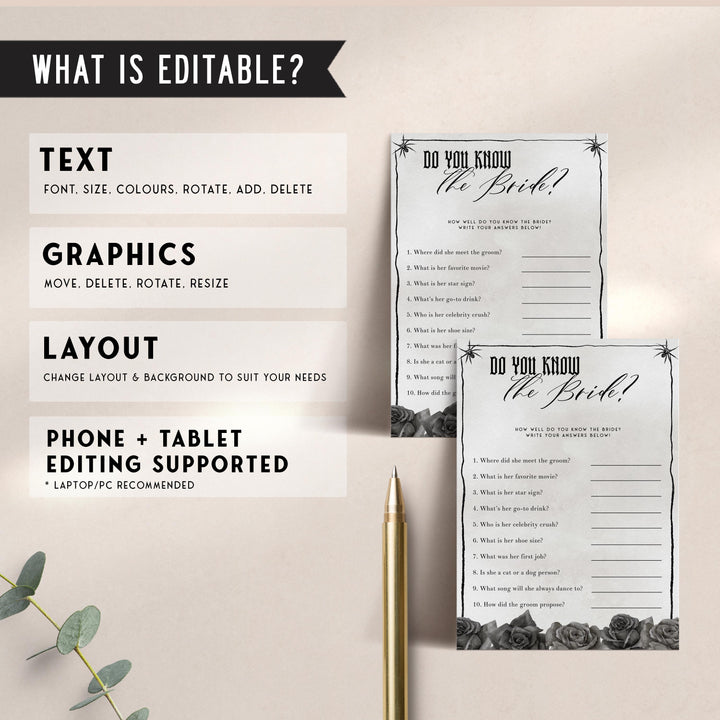 Fully editable and printable bridal shower do you know the bride game with a gothic design. Perfect for a Bride or Die or Death Us To Party bridal shower themed party