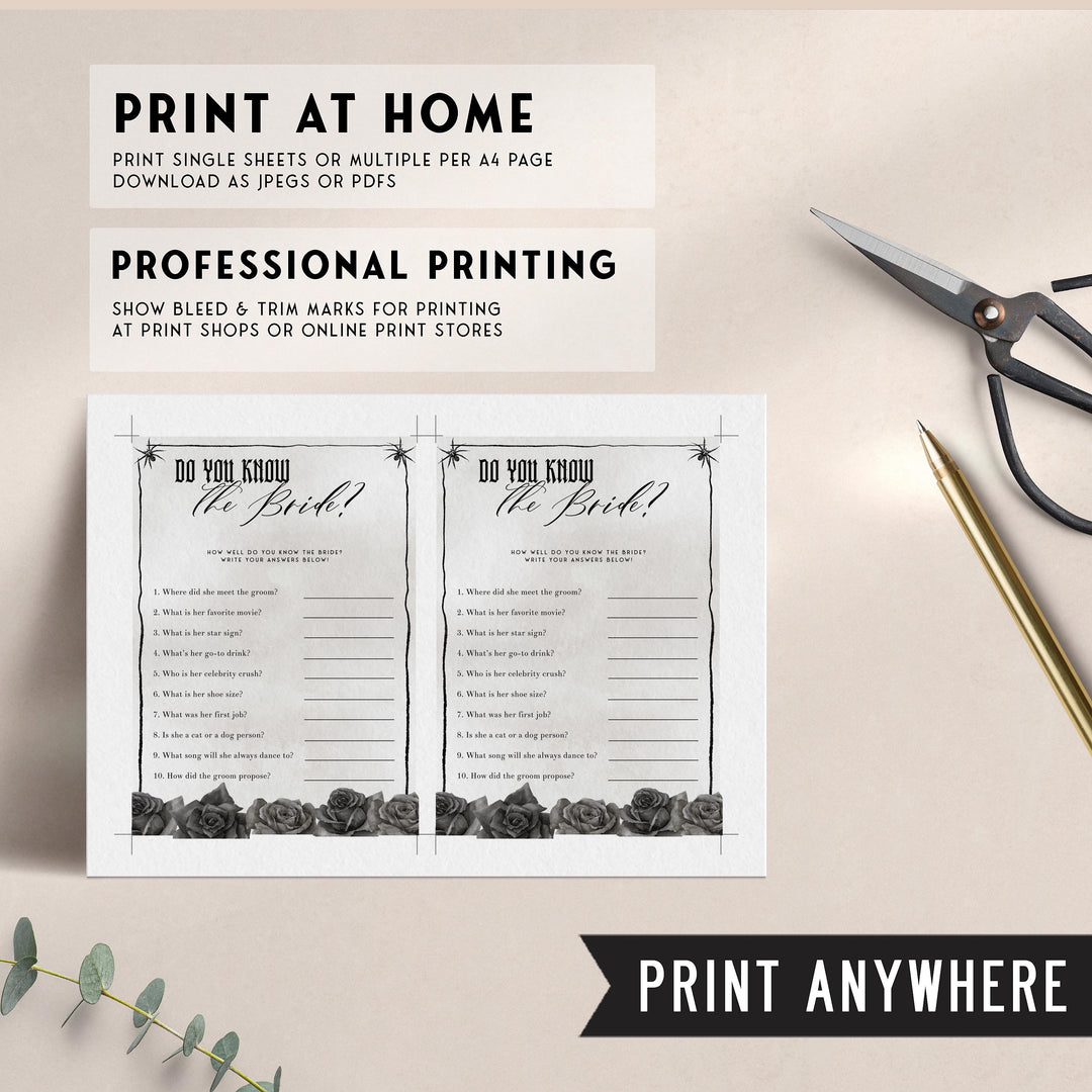 Fully editable and printable bridal shower do you know the bride game with a gothic design. Perfect for a Bride or Die or Death Us To Party bridal shower themed party