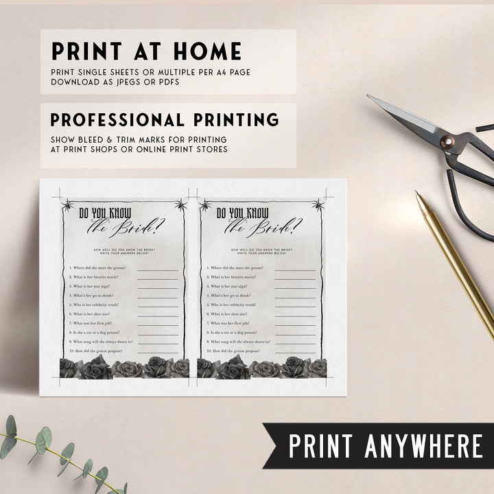 Fully editable and printable bridal shower do you know the bride game with a gothic design. Perfect for a Bride or Die or Death Us To Party bridal shower themed party