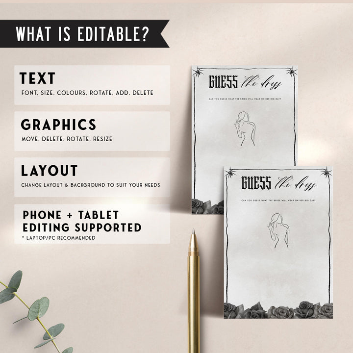Fully editable and printable bridal shower guess the dress game with a gothic design. Perfect for a Bride or Die or Death Us To Party bridal shower themed party