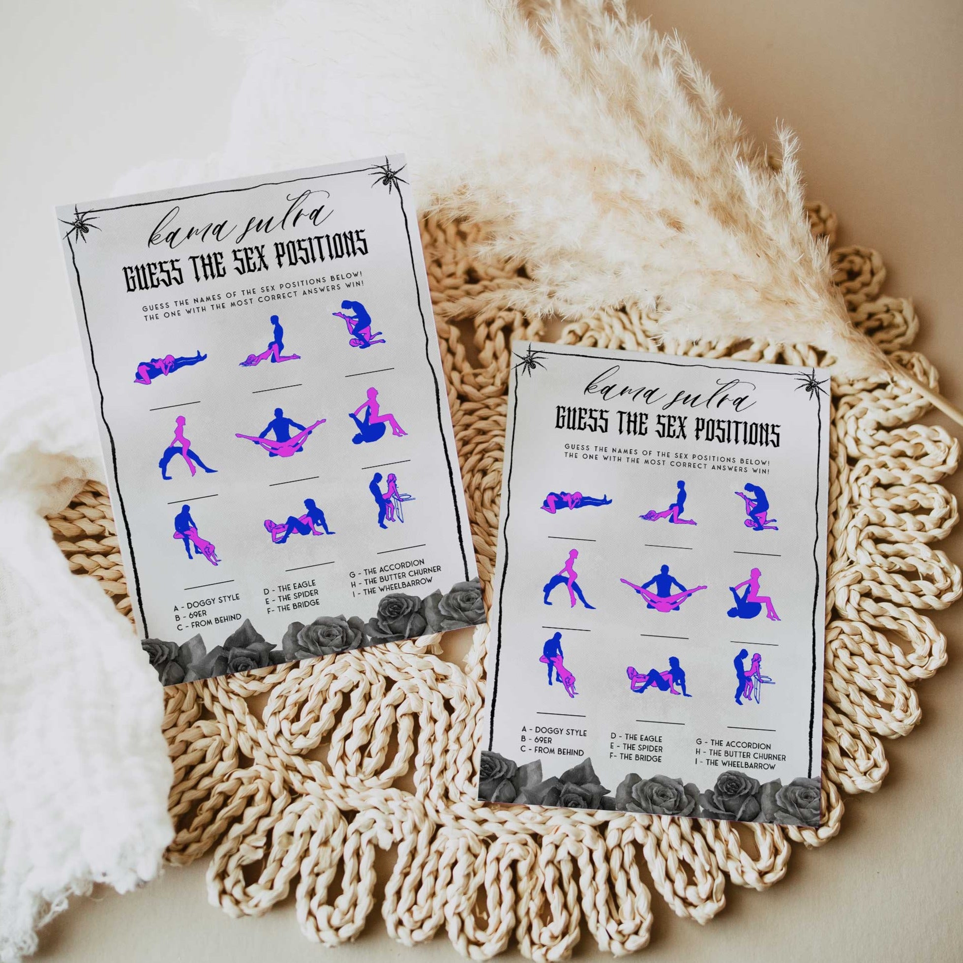 Fully editable and printable bridal shower sex positions game with a gothic design. Perfect for a Bride or Die or Death Us To Party bridal shower themed party