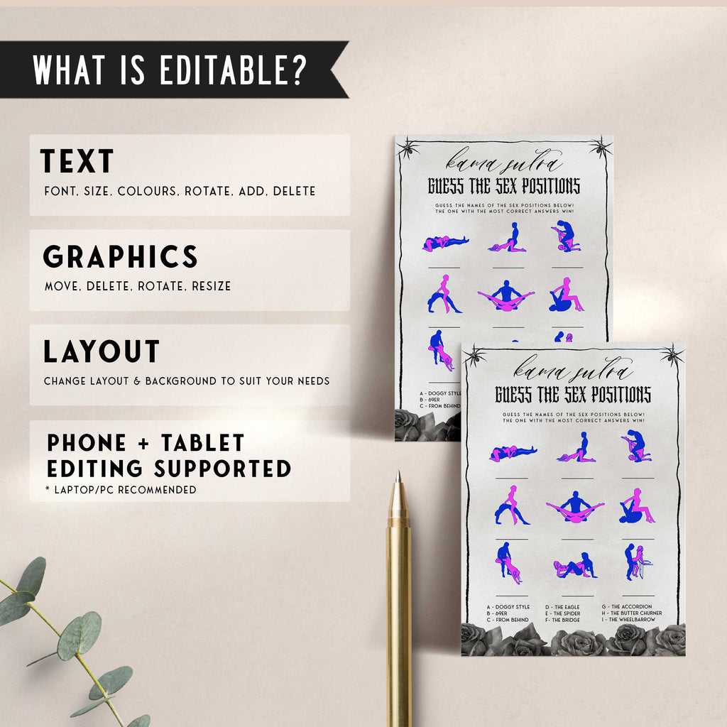 EDITABLE Sex Positions Game - Bride or Die Printable Games