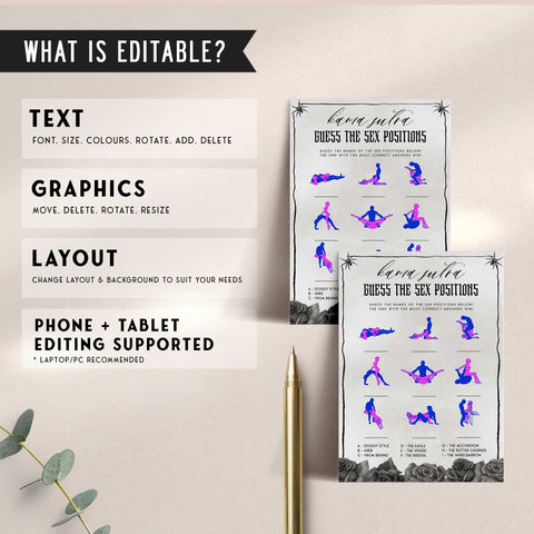 Fully editable and printable bridal shower sex positions game with a gothic design. Perfect for a Bride or Die or Death Us To Party bridal shower themed party