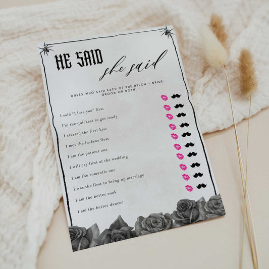 Fully editable and printable bridal shower he said she said game with a gothic design. Perfect for a Bride or Die or Death Us To Party bridal shower themed party