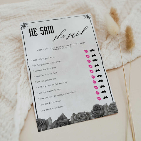 Fully editable and printable bridal shower he said she said game with a gothic design. Perfect for a Bride or Die or Death Us To Party bridal shower themed party
