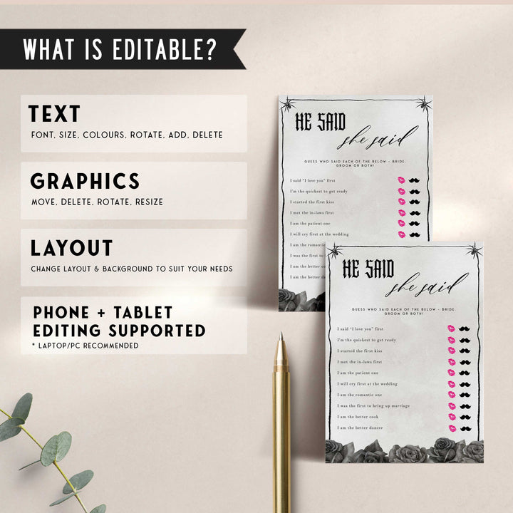 Fully editable and printable bridal shower he said she said game with a gothic design. Perfect for a Bride or Die or Death Us To Party bridal shower themed party