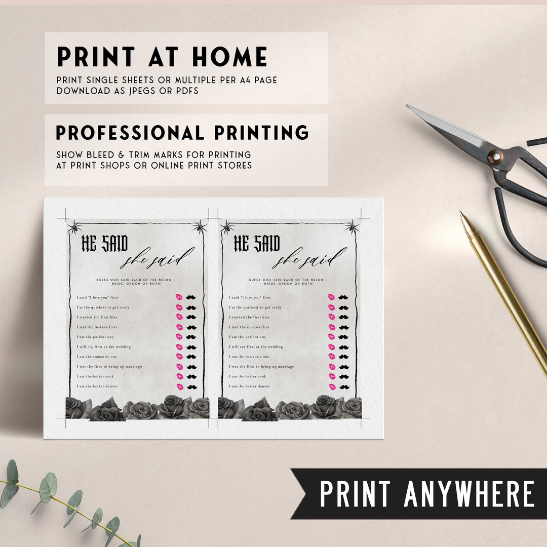 Fully editable and printable bridal shower he said she said game with a gothic design. Perfect for a Bride or Die or Death Us To Party bridal shower themed party