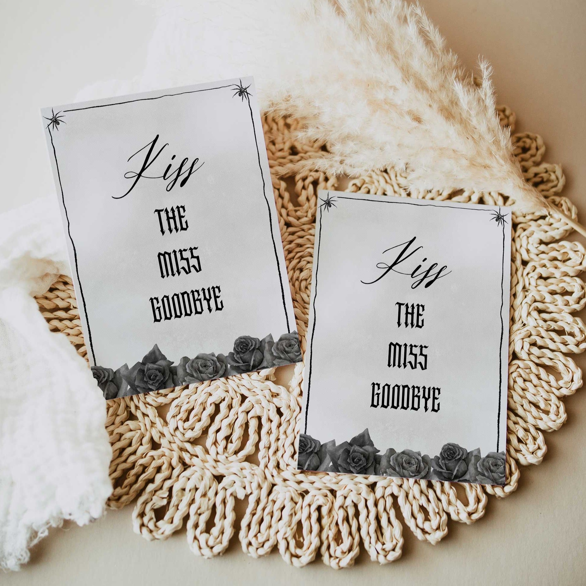 Fully editable and printable bridal shower kiss the miss goodbye game with a gothic design. Perfect for a Bride or Die or Death Us To Party bridal shower themed party