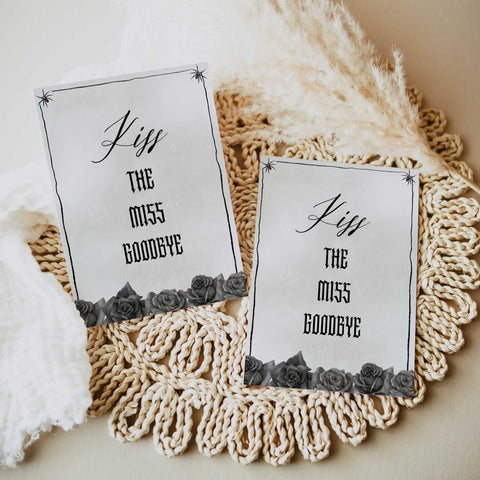 Fully editable and printable bridal shower kiss the miss goodbye game with a gothic design. Perfect for a Bride or Die or Death Us To Party bridal shower themed party