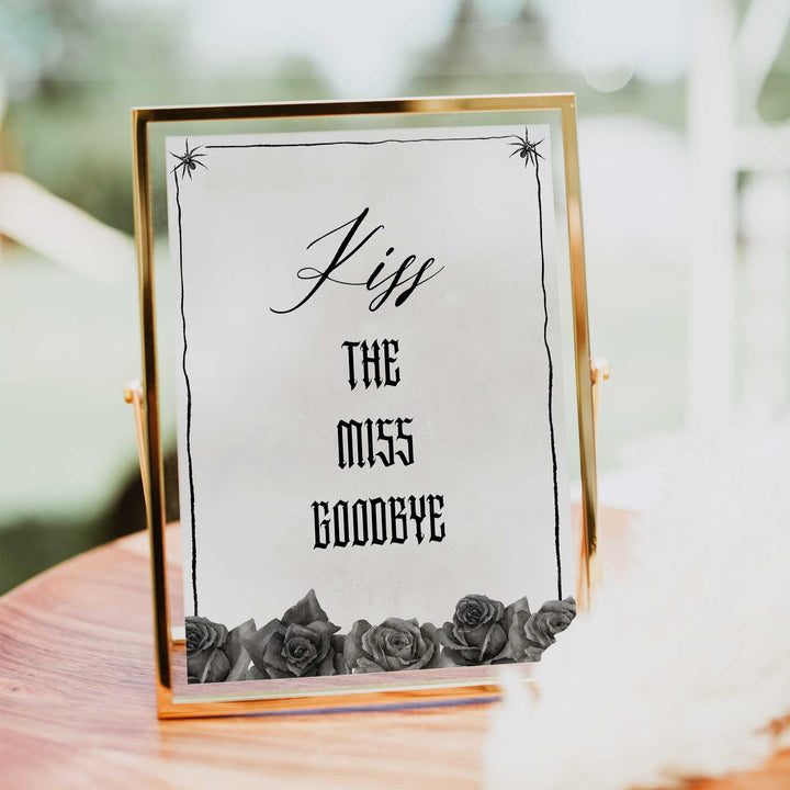 Fully editable and printable bridal shower kiss the miss goodbye game with a gothic design. Perfect for a Bride or Die or Death Us To Party bridal shower themed party