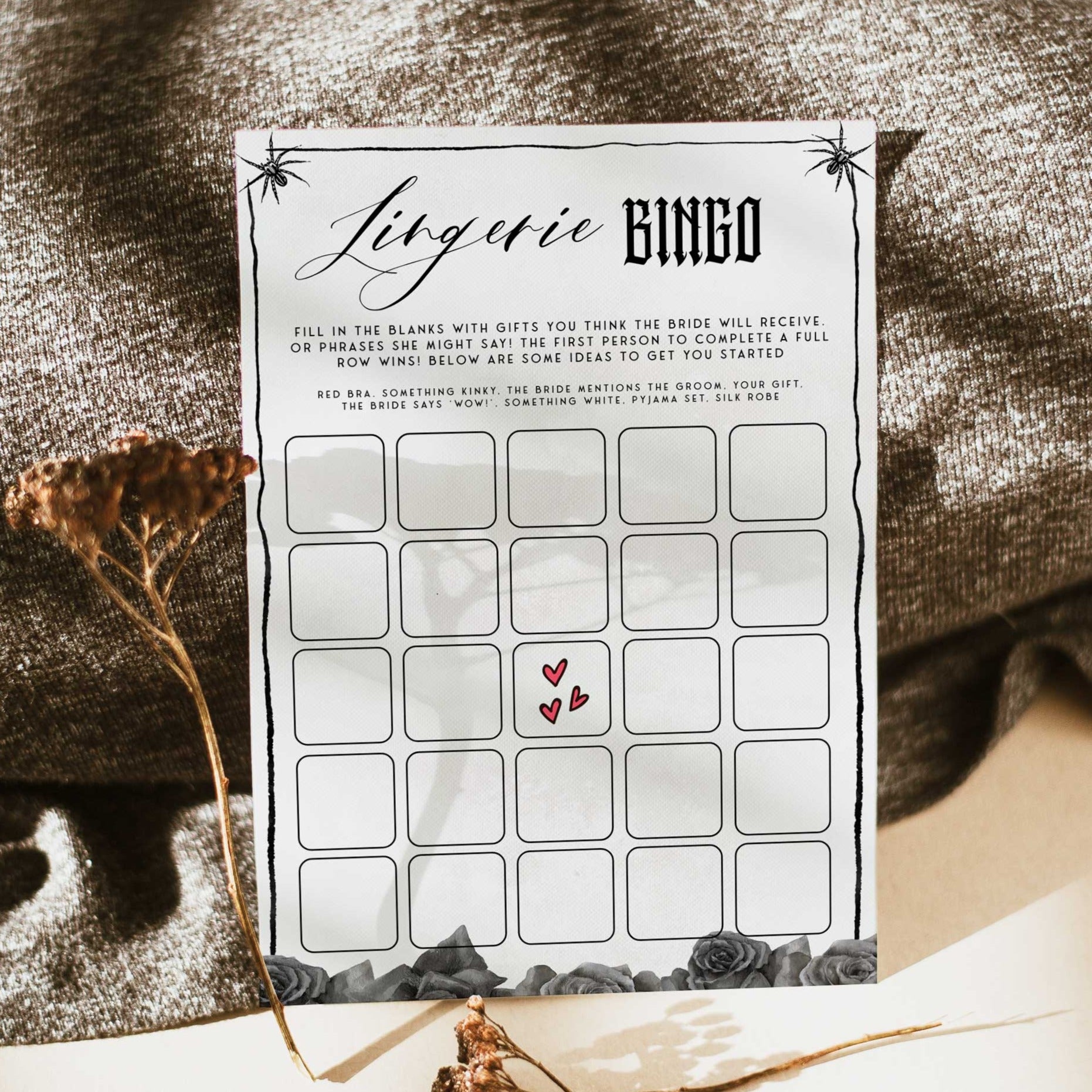 Fully editable and printable bridal shower lingerie bingo game with a gothic design. Perfect for a Bride or Die or Death Us To Party bridal shower themed party