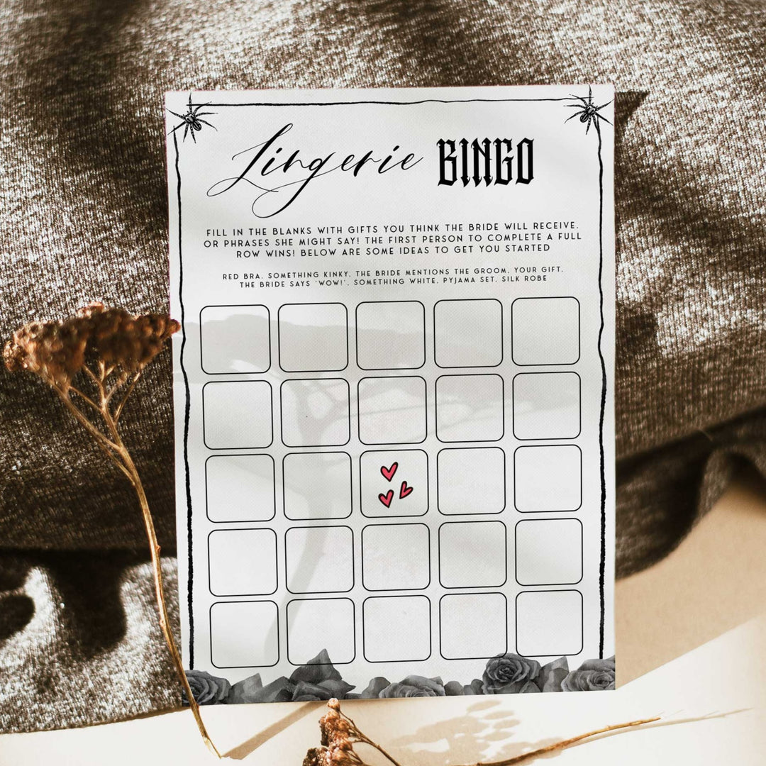 Fully editable and printable bridal shower lingerie bingo game with a gothic design. Perfect for a Bride or Die or Death Us To Party bridal shower themed party