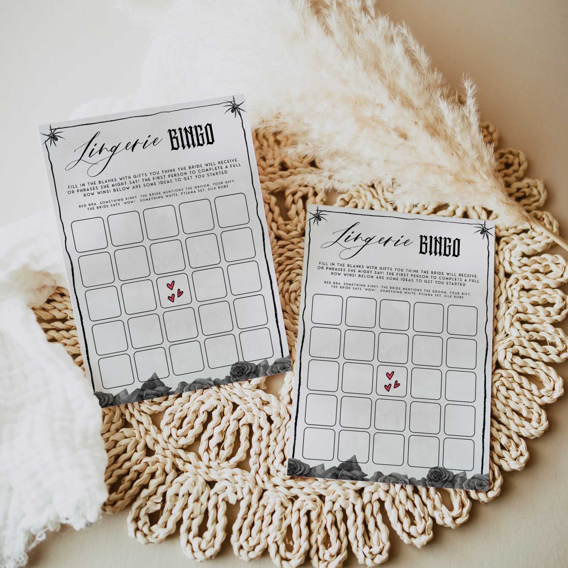 Fully editable and printable bridal shower lingerie bingo game with a gothic design. Perfect for a Bride or Die or Death Us To Party bridal shower themed party