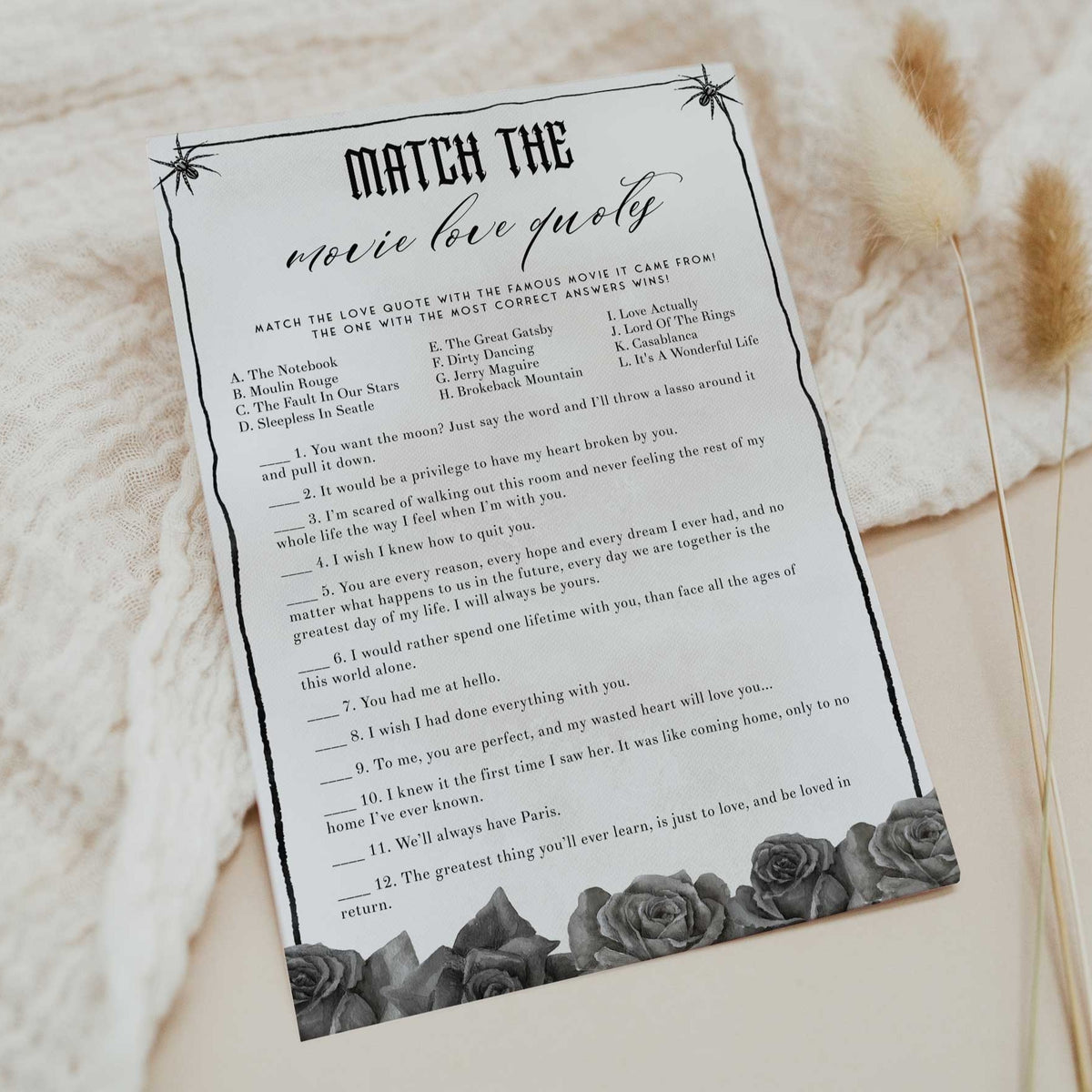 Fully editable and printable bridal shower match the movie love quote game with a gothic design. Perfect for a Bride or Die or Death Us To Party bridal shower themed party