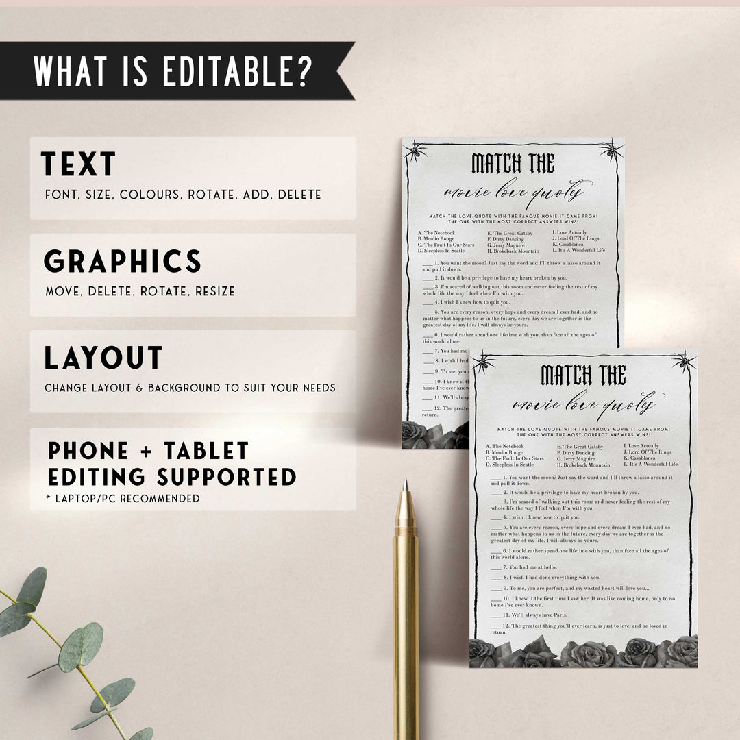 Fully editable and printable bridal shower match the movie love quote game with a gothic design. Perfect for a Bride or Die or Death Us To Party bridal shower themed party