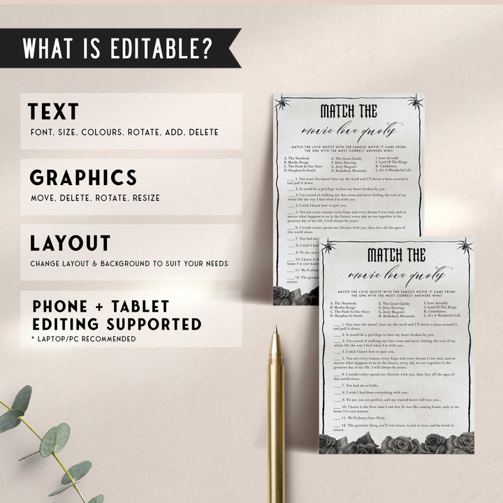 Fully editable and printable bridal shower match the movie love quote game with a gothic design. Perfect for a Bride or Die or Death Us To Party bridal shower themed party