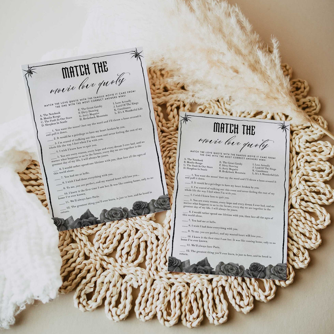 Fully editable and printable bridal shower match the movie love quote game with a gothic design. Perfect for a Bride or Die or Death Us To Party bridal shower themed party