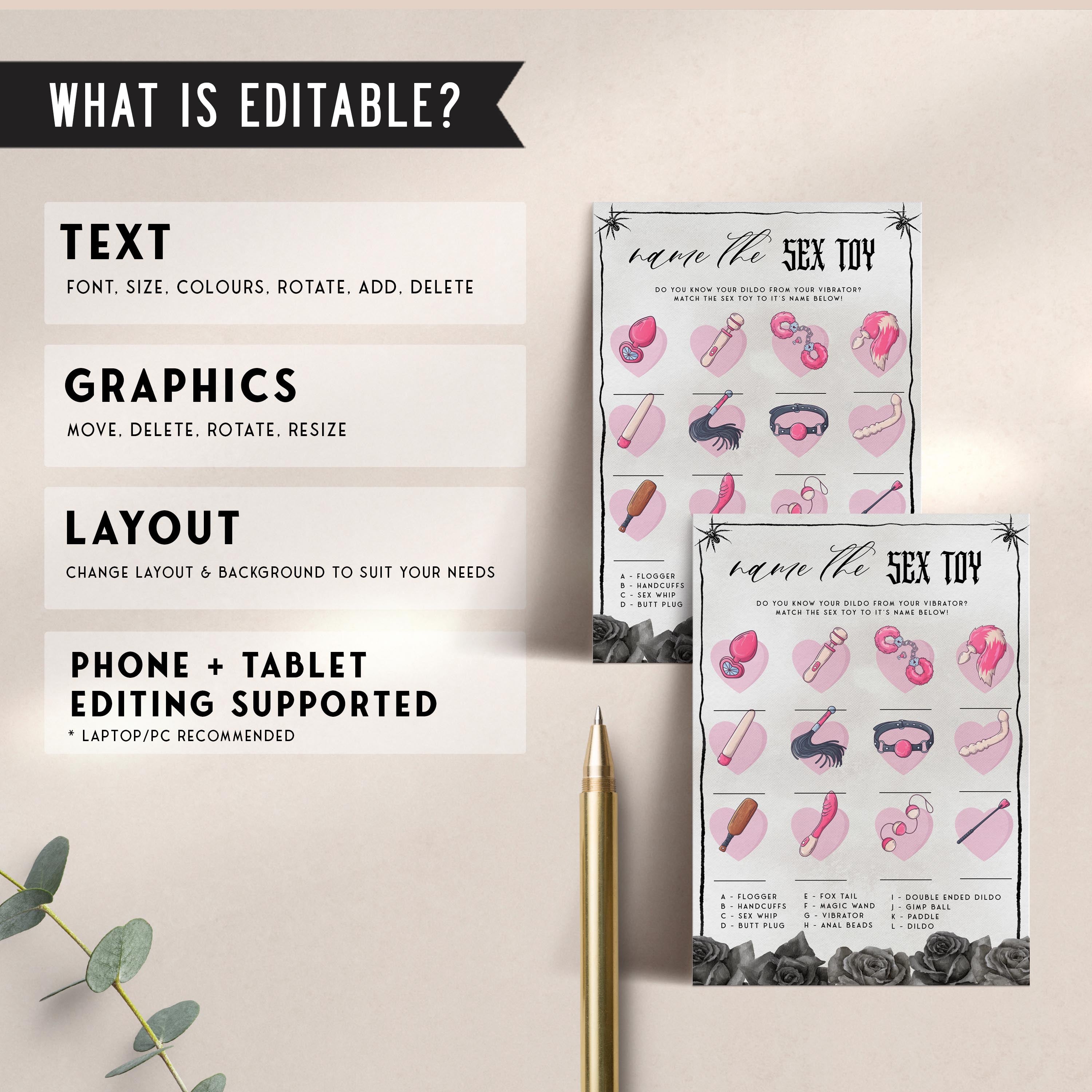 Fully editable and printable bridal shower name the sex toy game with a gothic design. Perfect for a Bride or Die or Death Us To Party bridal shower themed party